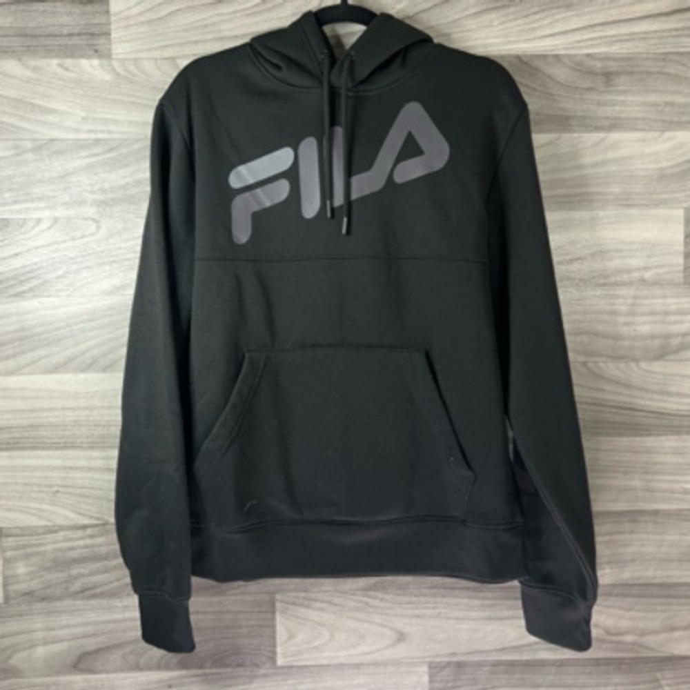 Fila Mens Hoodie Sweatshirt Black Spellout Long‎ Sleeve Logo Kangaroo Pocket S